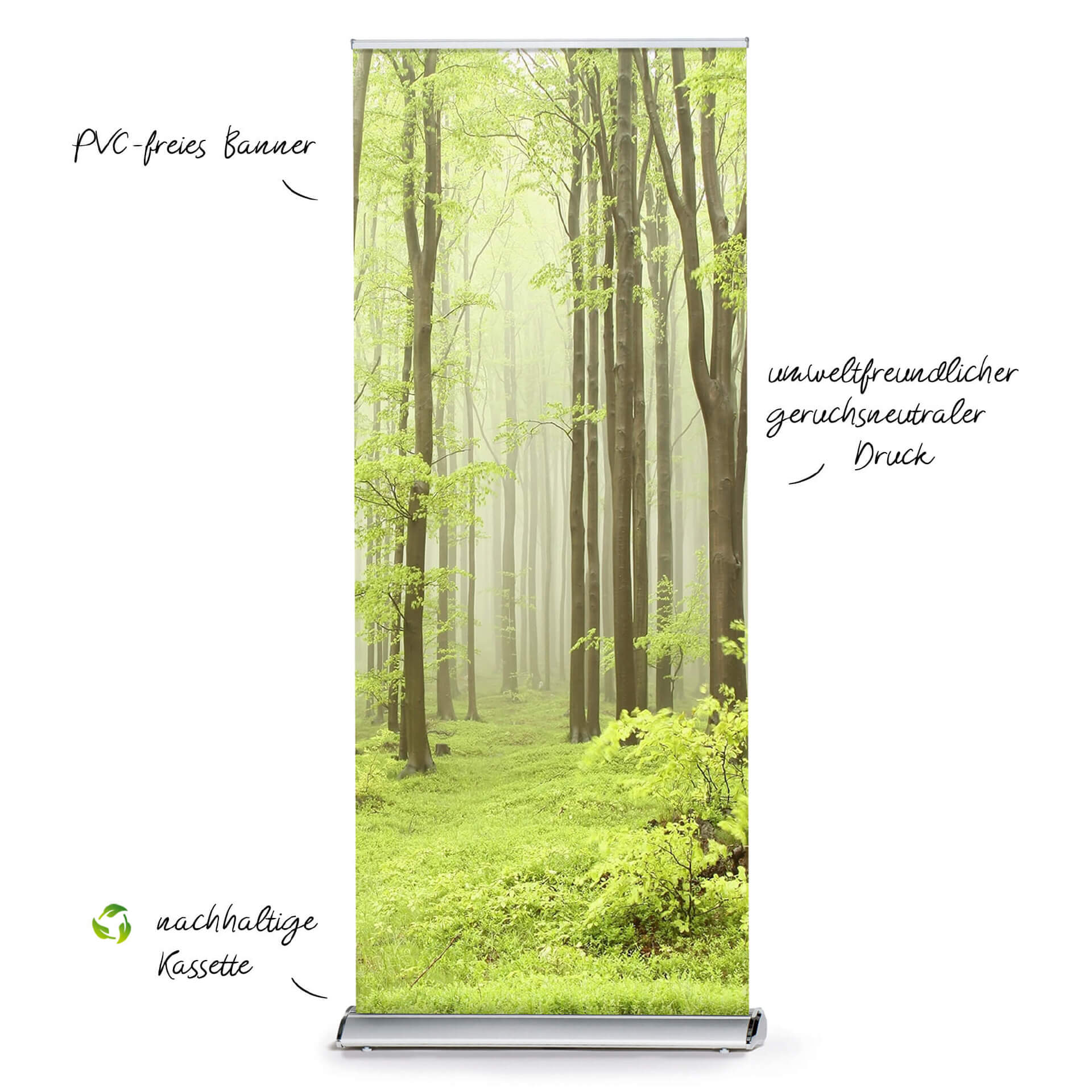 Roll up Display Greenline 3 - nachhaltige Roll up Kassette mit umweltfreundlichem Druck auf PVC freiem Banner